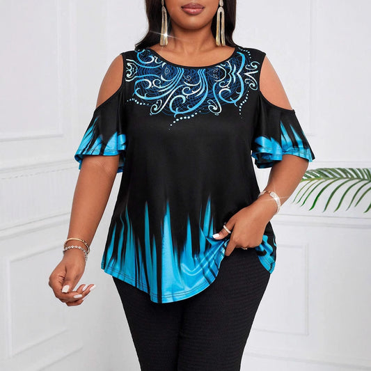 Gradient-printed Short-sleeve Crewneck Loose-fit Off-shoulder T-shirt
